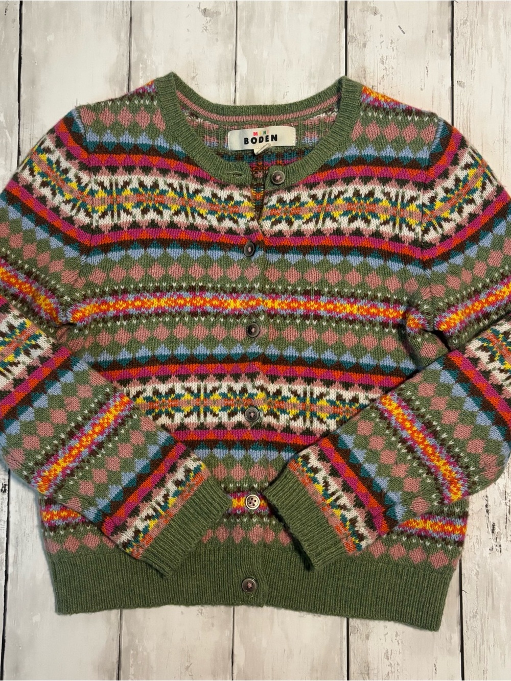 Girls Mini Boden Olive Fair Isle Wool-Blend Cardigan Sweater